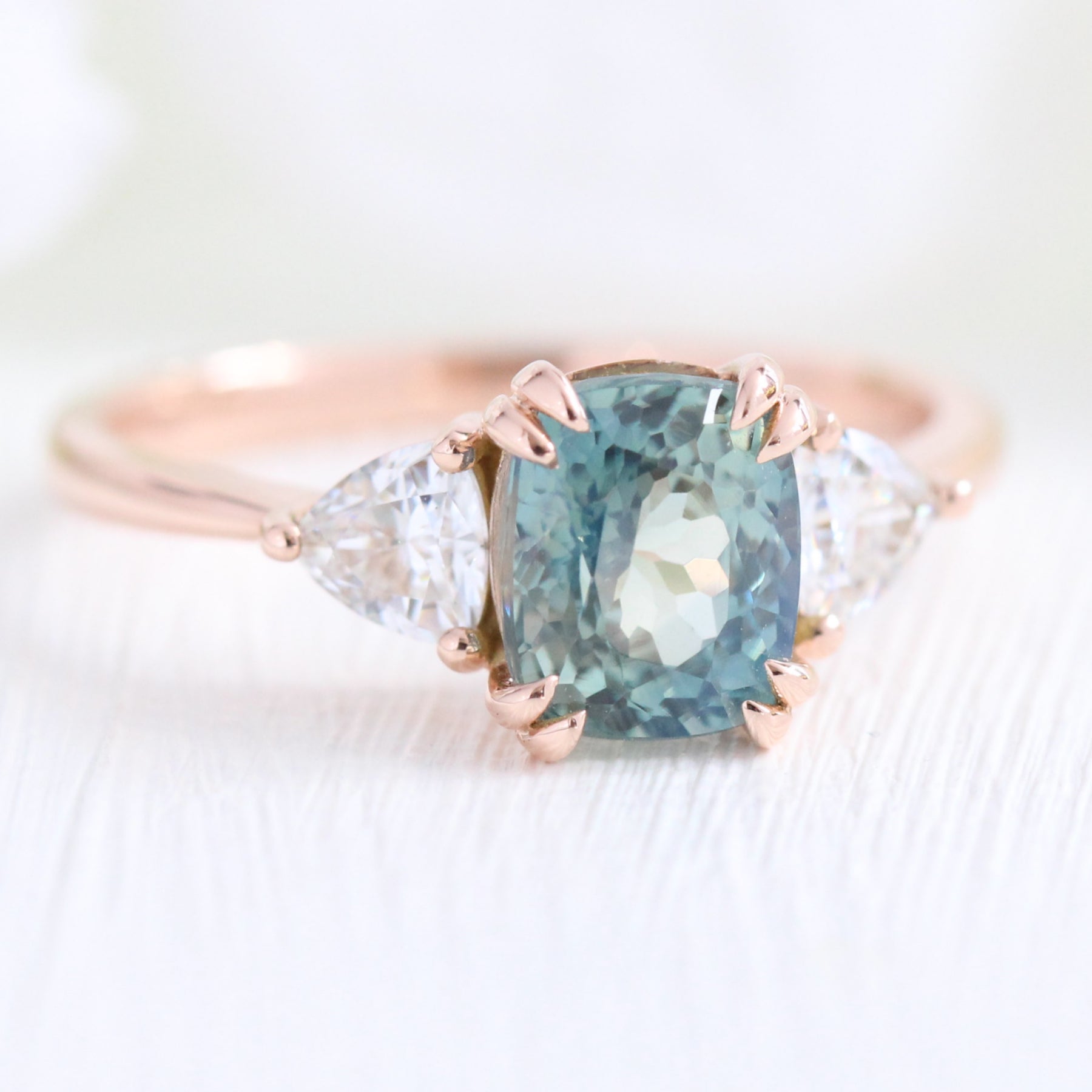 2.36 Ct Cushion Teal Green Sapphire Ring in 14k Rose Gold 3 Stone Ring, Size 6.25