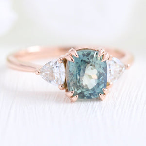 2.36 Ct Cushion Teal Green Sapphire Ring in 14k Rose Gold 3 Stone Ring, Size 6.25