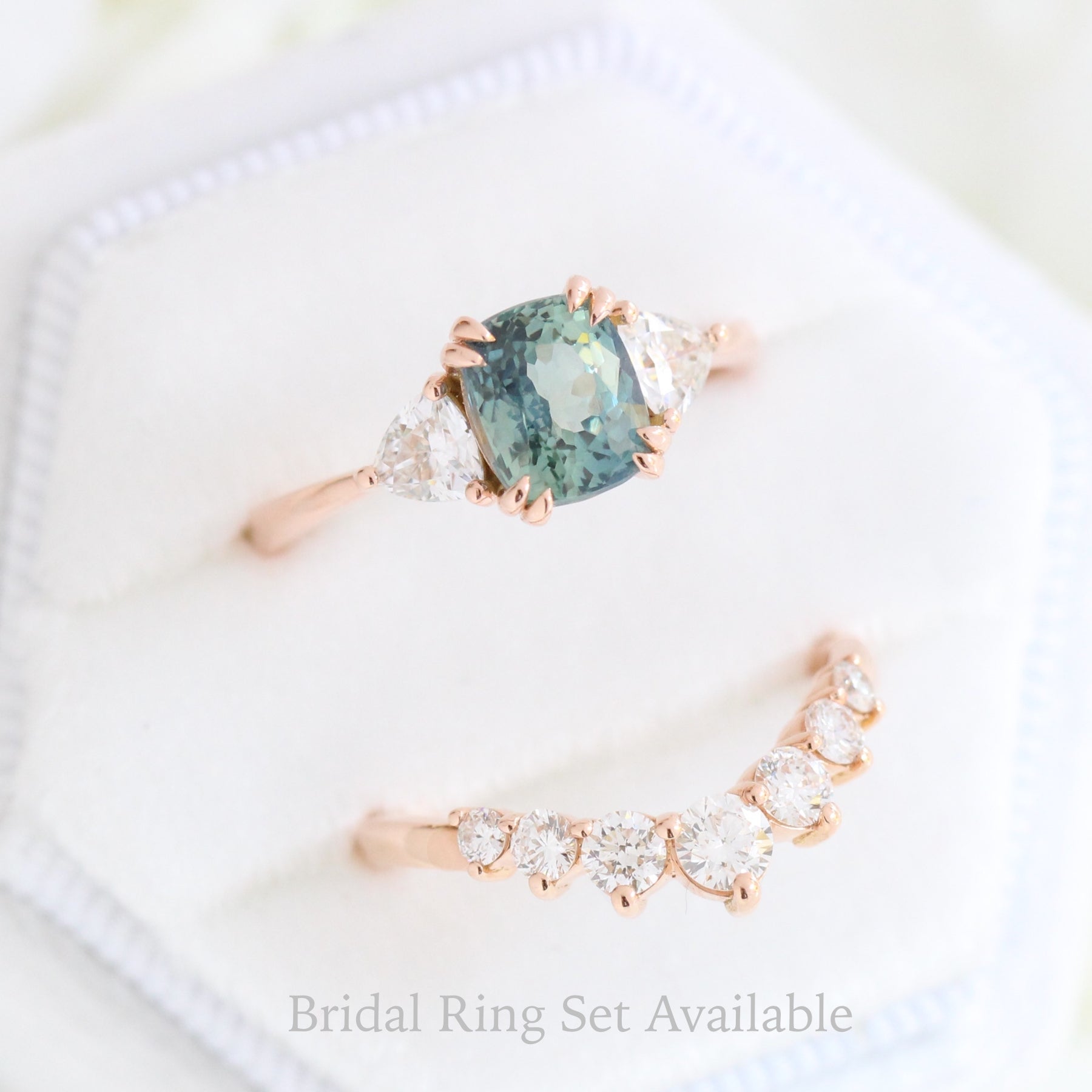 2.36 Ct Cushion Teal Green Sapphire Ring in 14k Rose Gold 3 Stone Ring, Size 6.25
