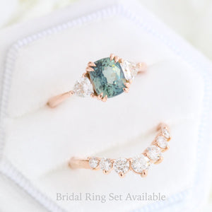 2.36 Ct Cushion Teal Green Sapphire Ring in 14k Rose Gold 3 Stone Ring, Size 6.25