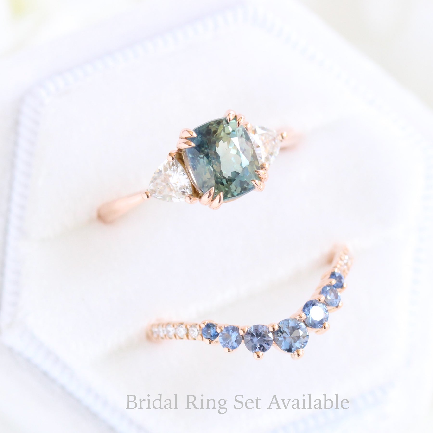 2.36 Ct Cushion Teal Green Sapphire Ring in 14k Rose Gold 3 Stone Ring, Size 6.25
