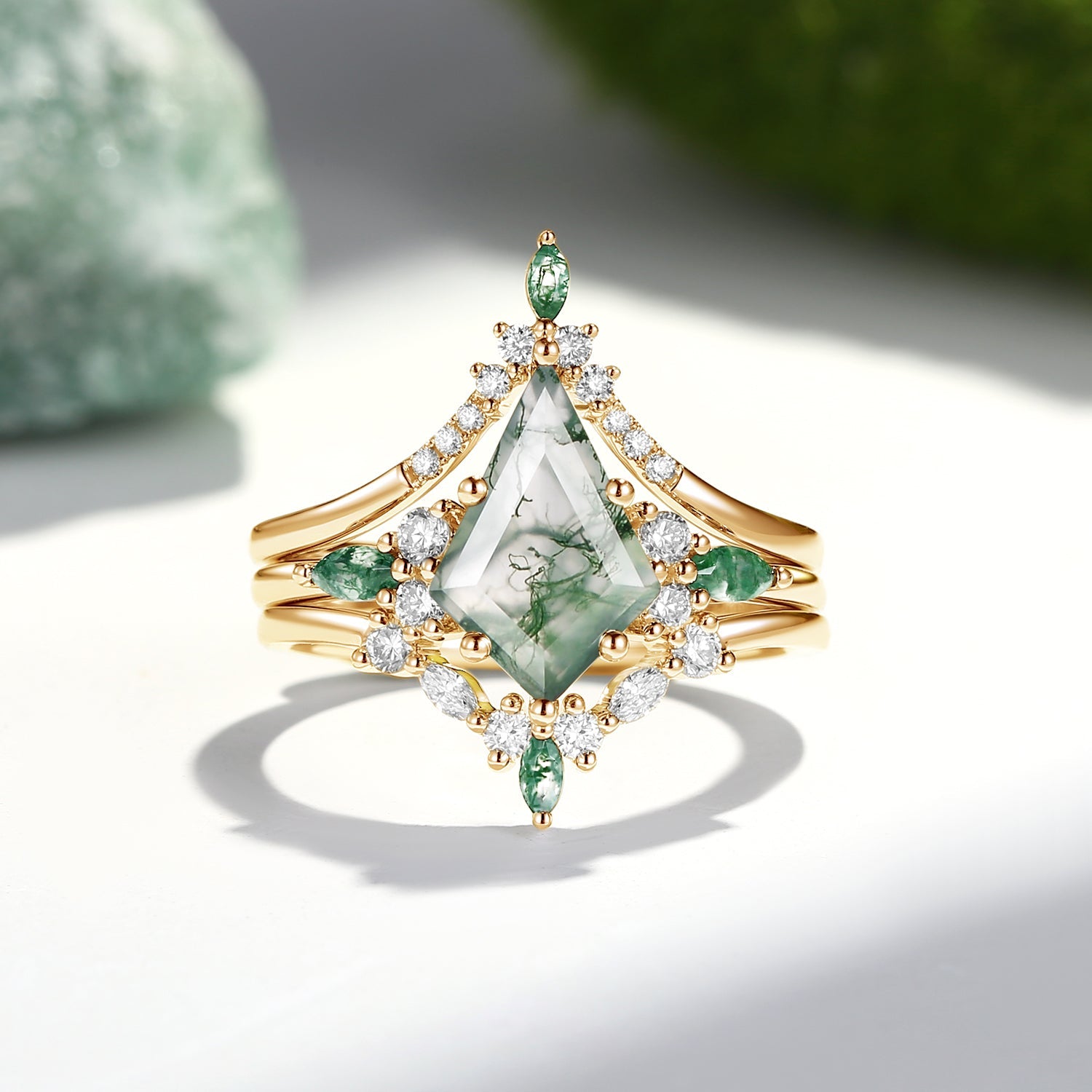 Tessa Unique Kite Cut GreenMoss Agate Chevron Engagement Ring Set 3pcs