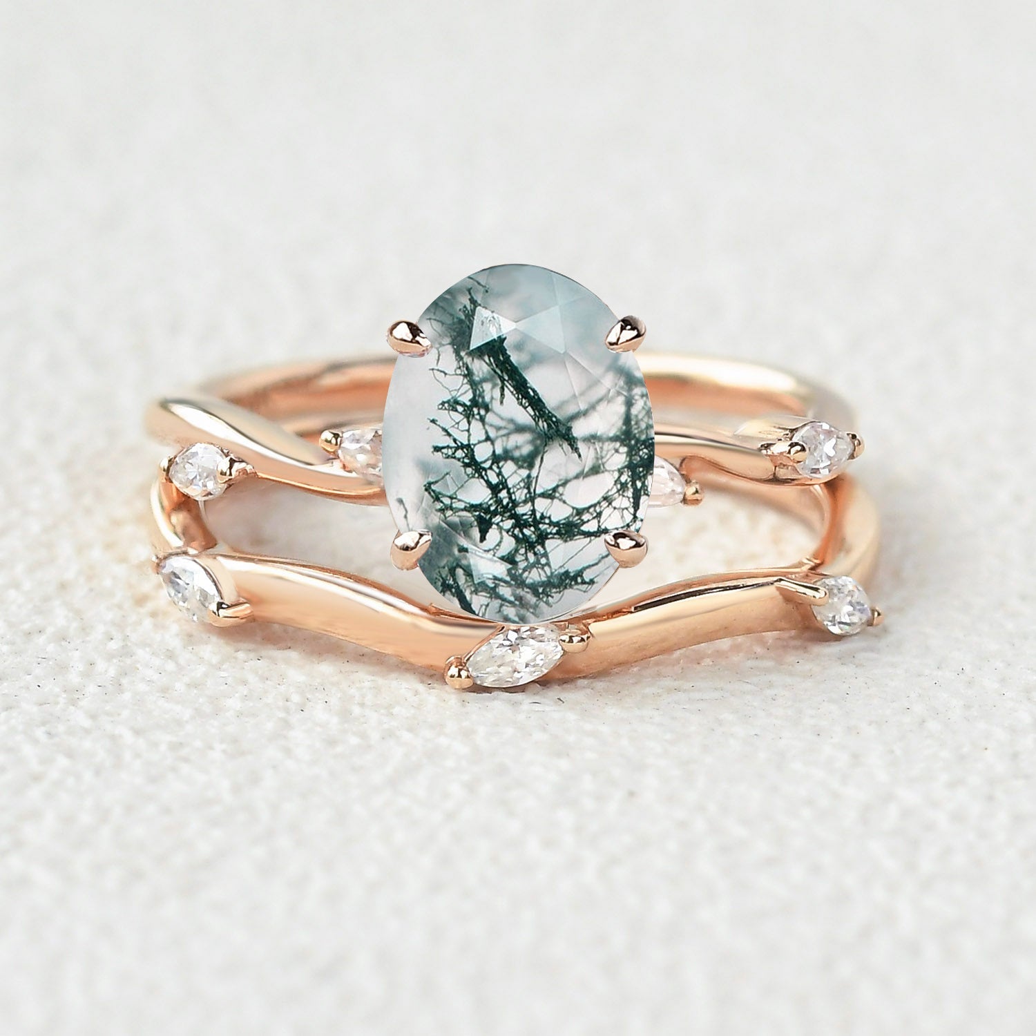 Leaf Marquise Oval Moss Agate Engagement Ring Sets 2pcs