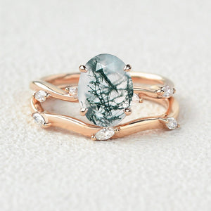 Leaf Marquise Oval Moss Agate Engagement Ring Sets 2pcs