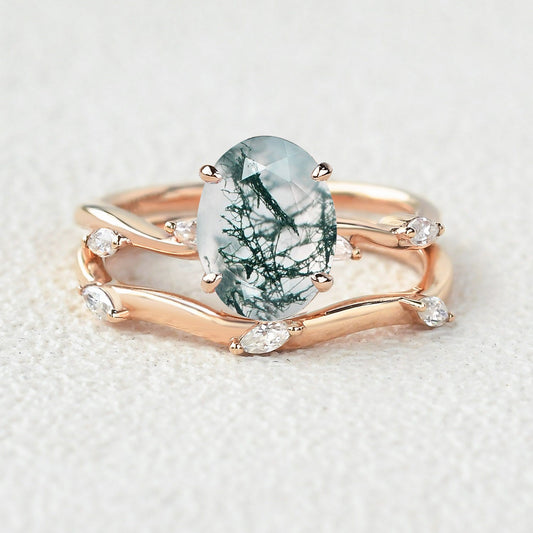 Leaf Marquise Oval Moss Agate Engagement Ring Sets 2pcs