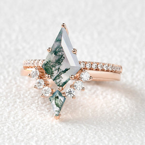 Twin Flames - Women Unique Kite Moss Agate Engagement Ring Sets 2pcs - Karen