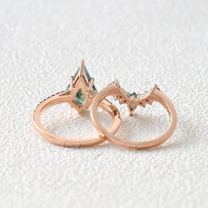 Twin Flames - Women Unique Kite Moss Agate Engagement Ring Sets 2pcs - Karen