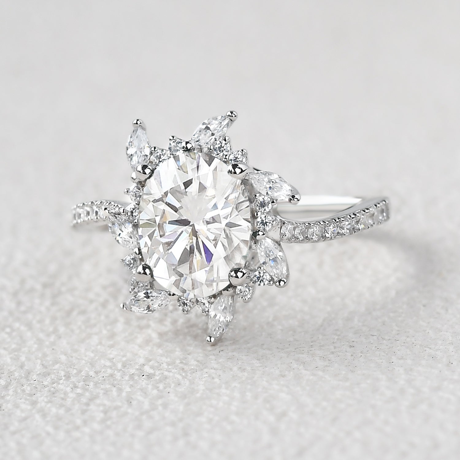 Oval Moss Agate & Moissanite Halo White Gold Engagement Ring