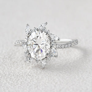 Oval Moss Agate & Moissanite Halo White Gold Engagement Ring