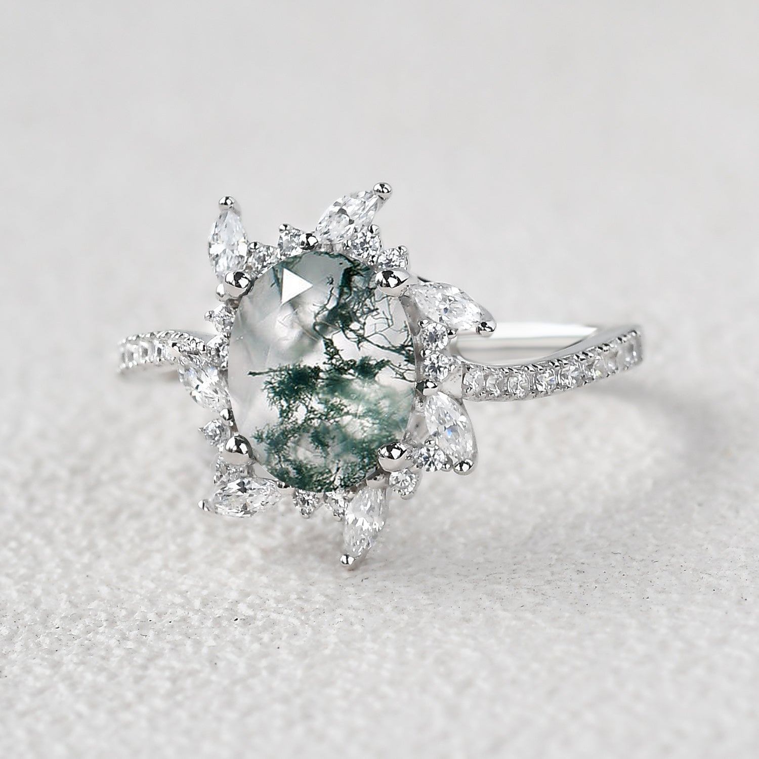 Oval Moss Agate & Moissanite Halo White Gold Engagement Ring