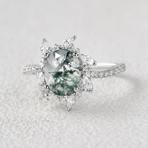 Oval Moss Agate & Moissanite Halo White Gold Engagement Ring