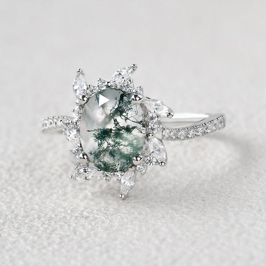 Oval Moss Agate & Moissanite Halo White Gold Engagement Ring