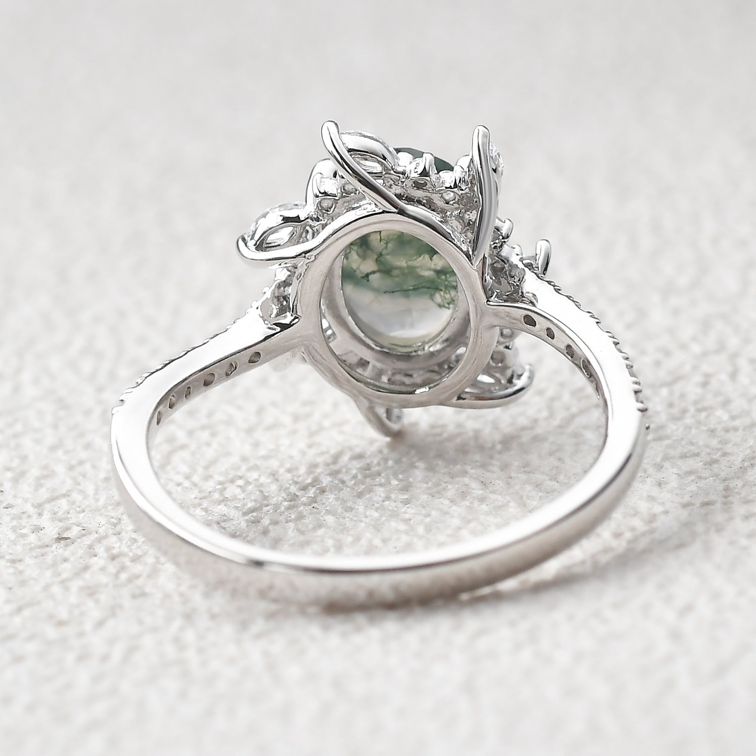 Oval Moss Agate & Moissanite Halo White Gold Engagement Ring