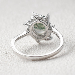 Oval Moss Agate & Moissanite Halo White Gold Engagement Ring