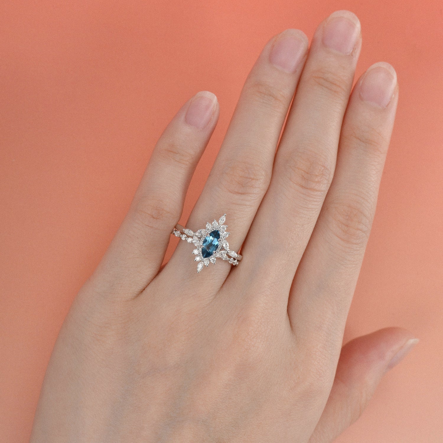 1.0ct Marquise Cut Moss Agate Cluster Vintage Engagement Ring Set 2pcs