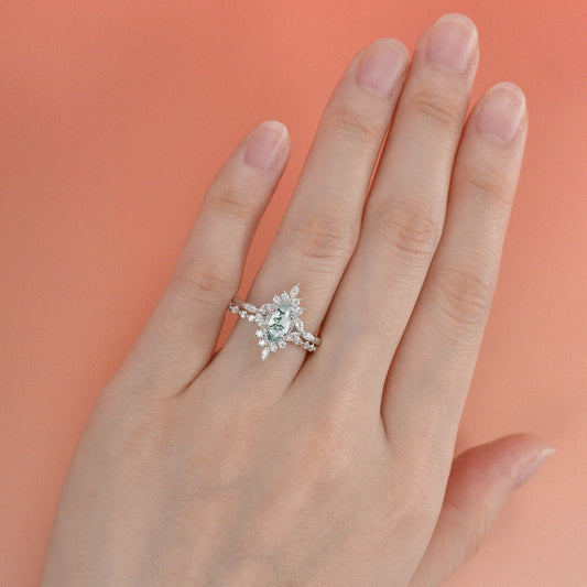 1.0ct Marquise Cut Moss Agate Cluster Vintage Engagement Ring Set 2pcs