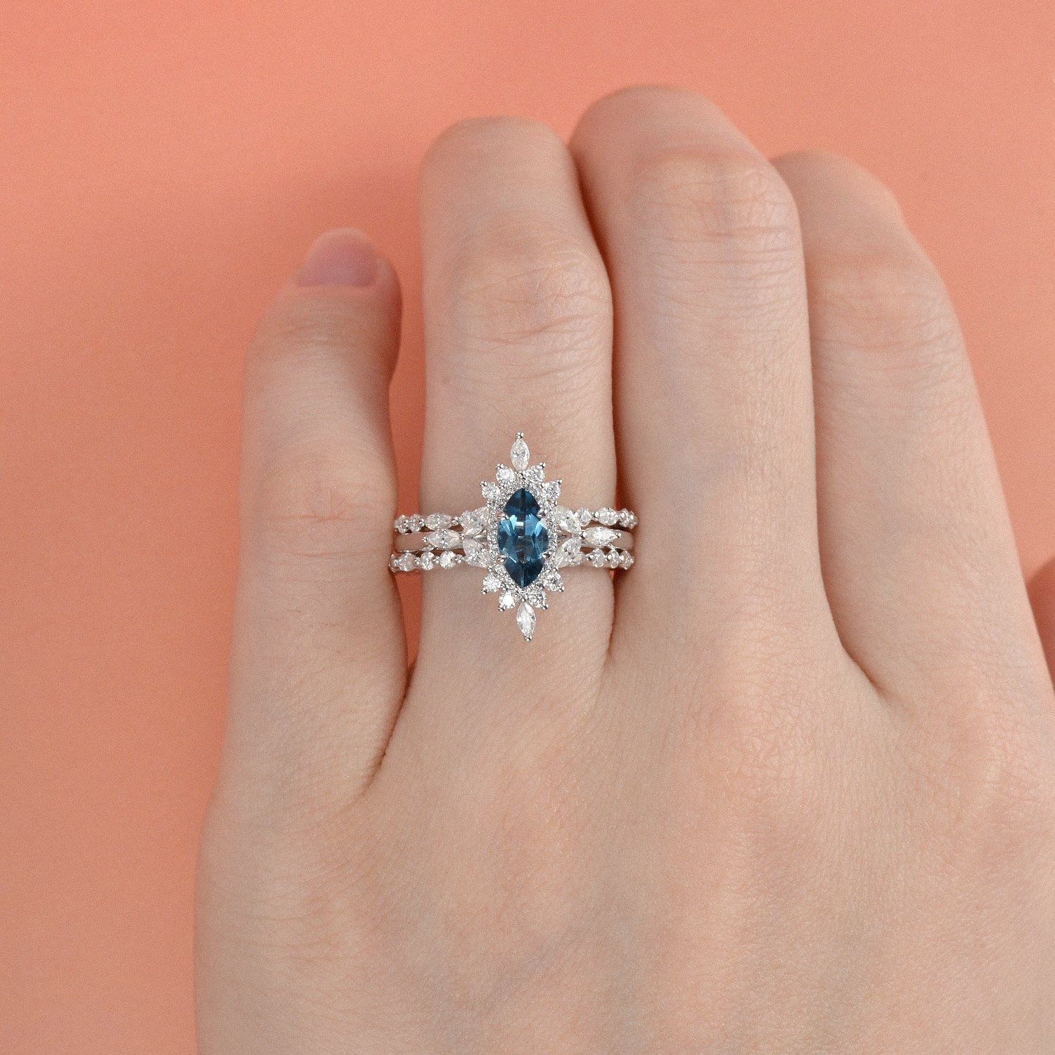 1.0ct Marquise Cut Moss Agate Cluster Vintage Ring Set 3pcs