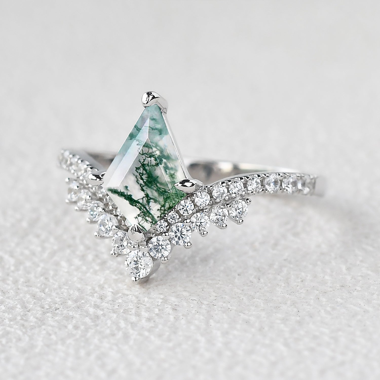 Nature Inspired Kite Cut Moss Agate Cluster Engagement Ring