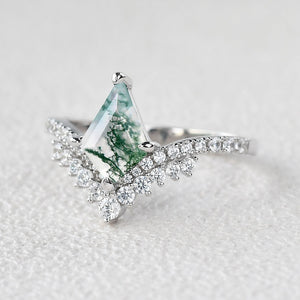 Nature Inspired Kite Cut Moss Agate Cluster Engagement Ring