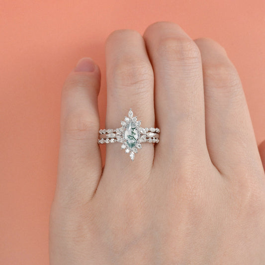 1.0ct Marquise Cut Moss Agate Cluster Vintage Ring Set 3pcs