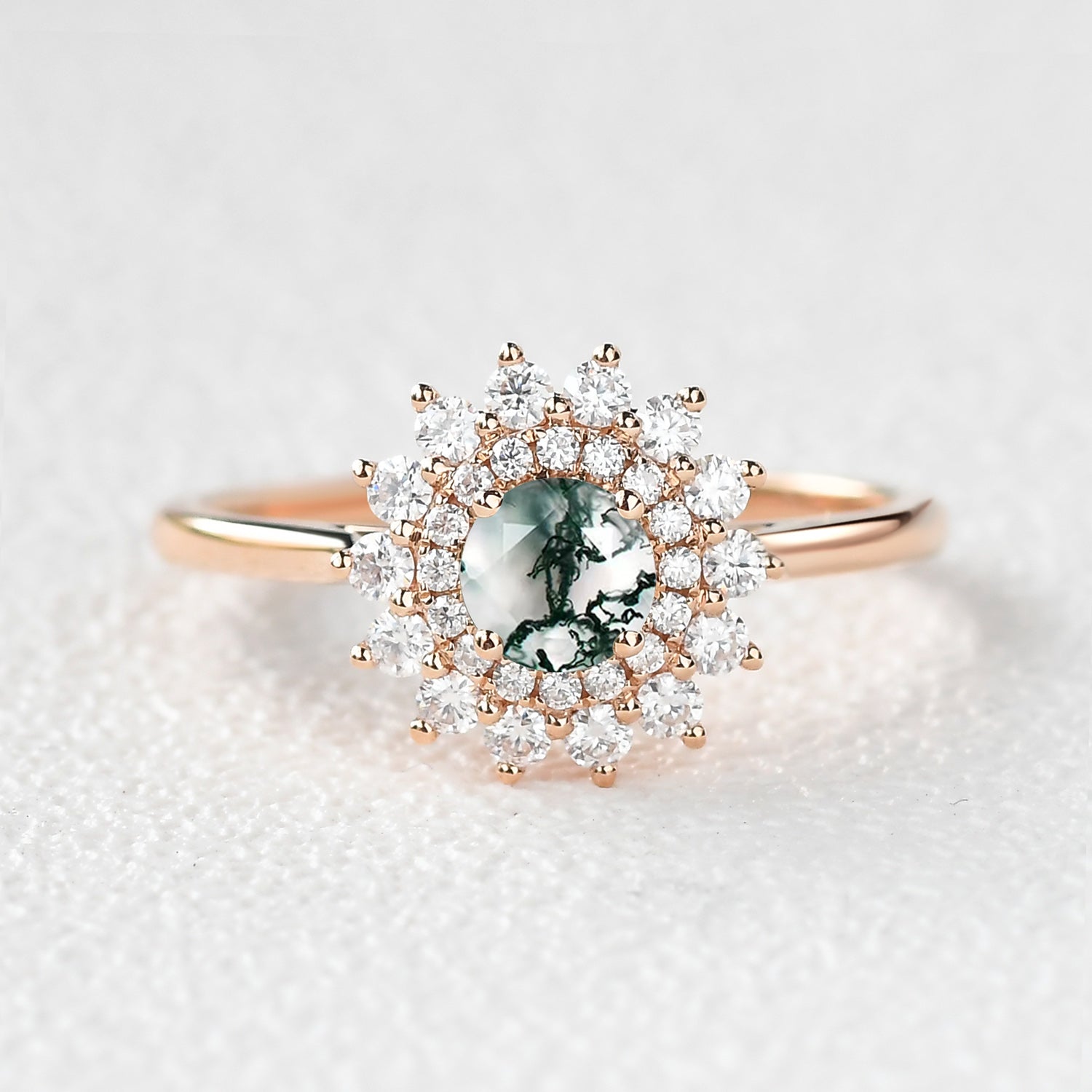 Flower Round Cut Moss Agate Rose Gold Ring