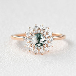 Flower Round Cut Moss Agate Rose Gold Ring