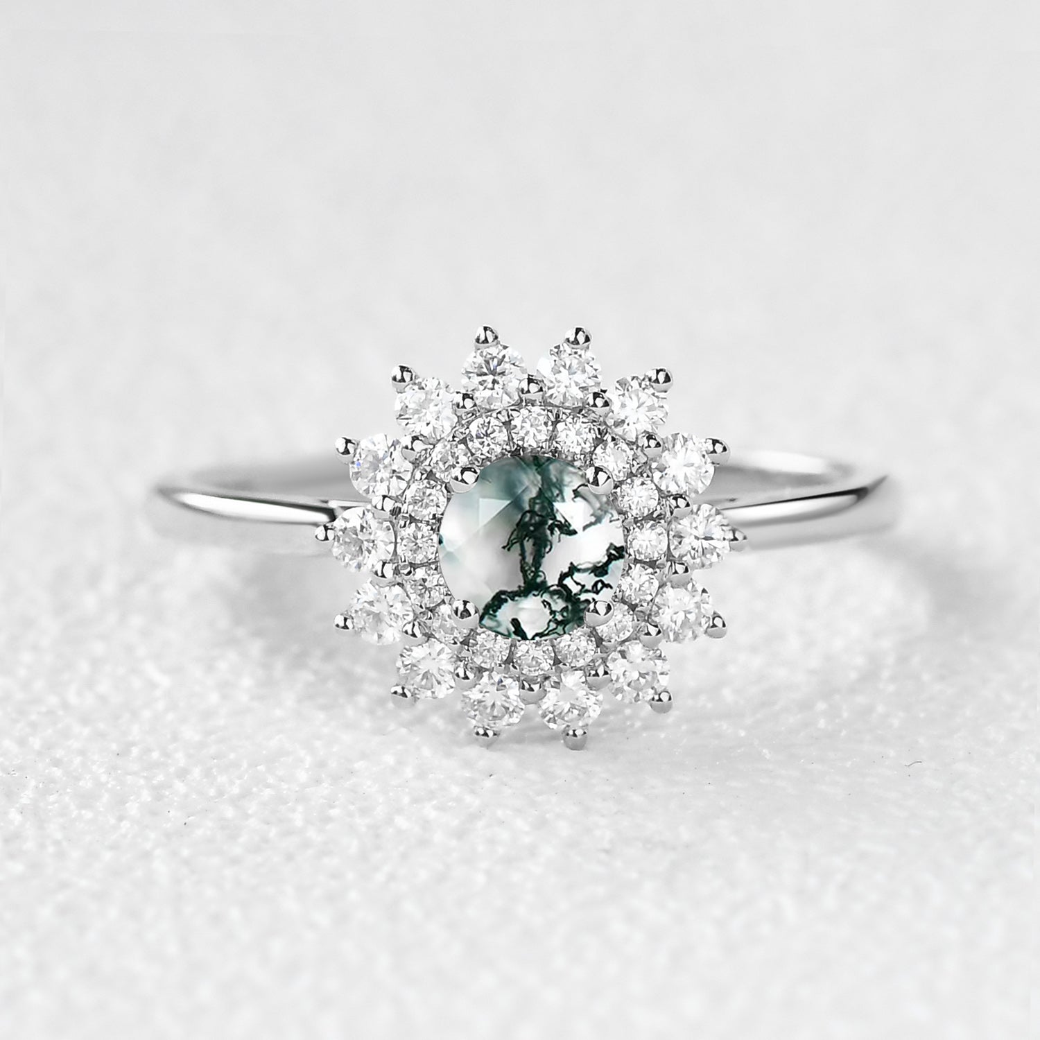 Flower Round Cut Moss Agate Rose Gold Ring
