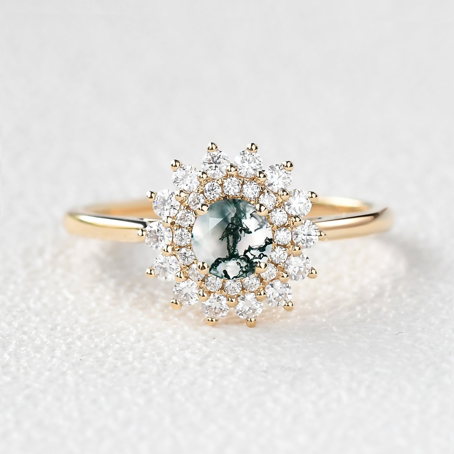 Flower Round Cut Moss Agate Rose Gold Ring