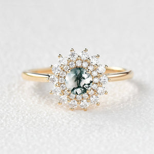 Flower Round Cut Moss Agate Rose Gold Ring