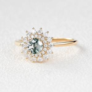 Flower Round Cut Moss Agate Rose Gold Ring