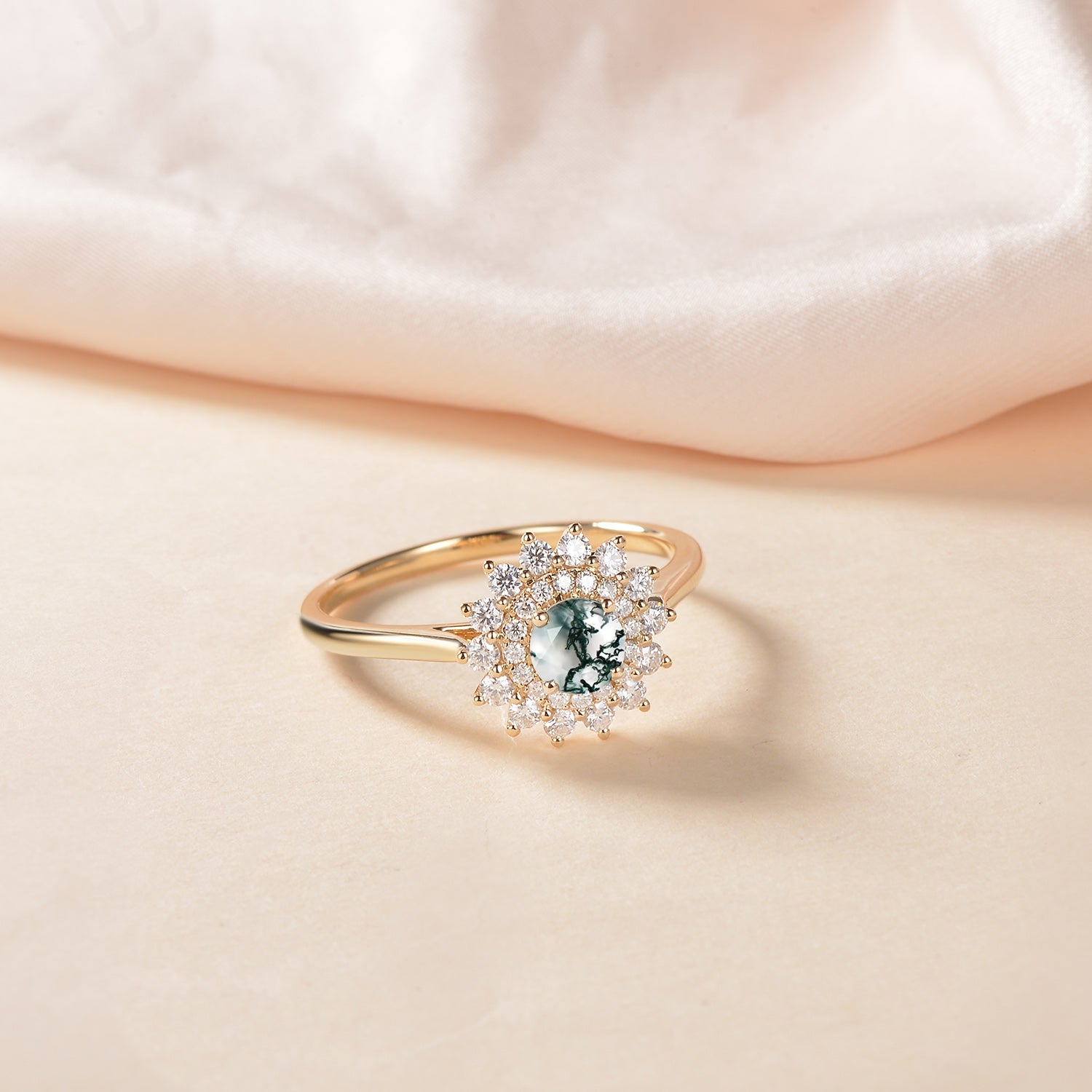 Flower Round Cut Moss Agate Rose Gold Ring