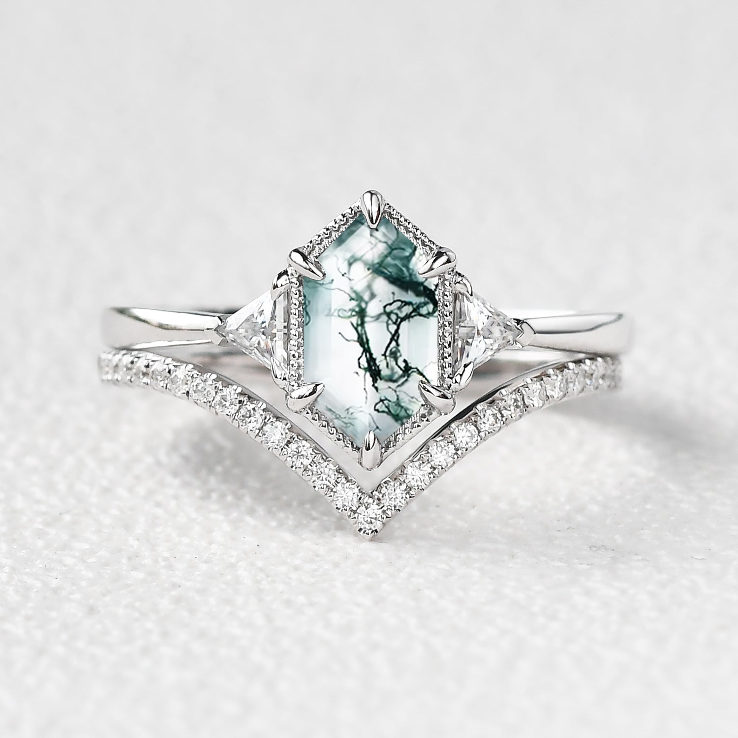 Hexagon Moss Agate Three Stone Engagement Ring Set 2pcs