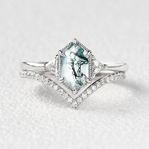 Hexagon Moss Agate Three Stone Engagement Ring Set 2pcs