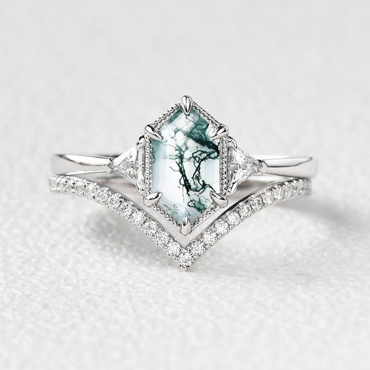 Hexagon Moss Agate Three Stone Engagement Ring Set 2pcs