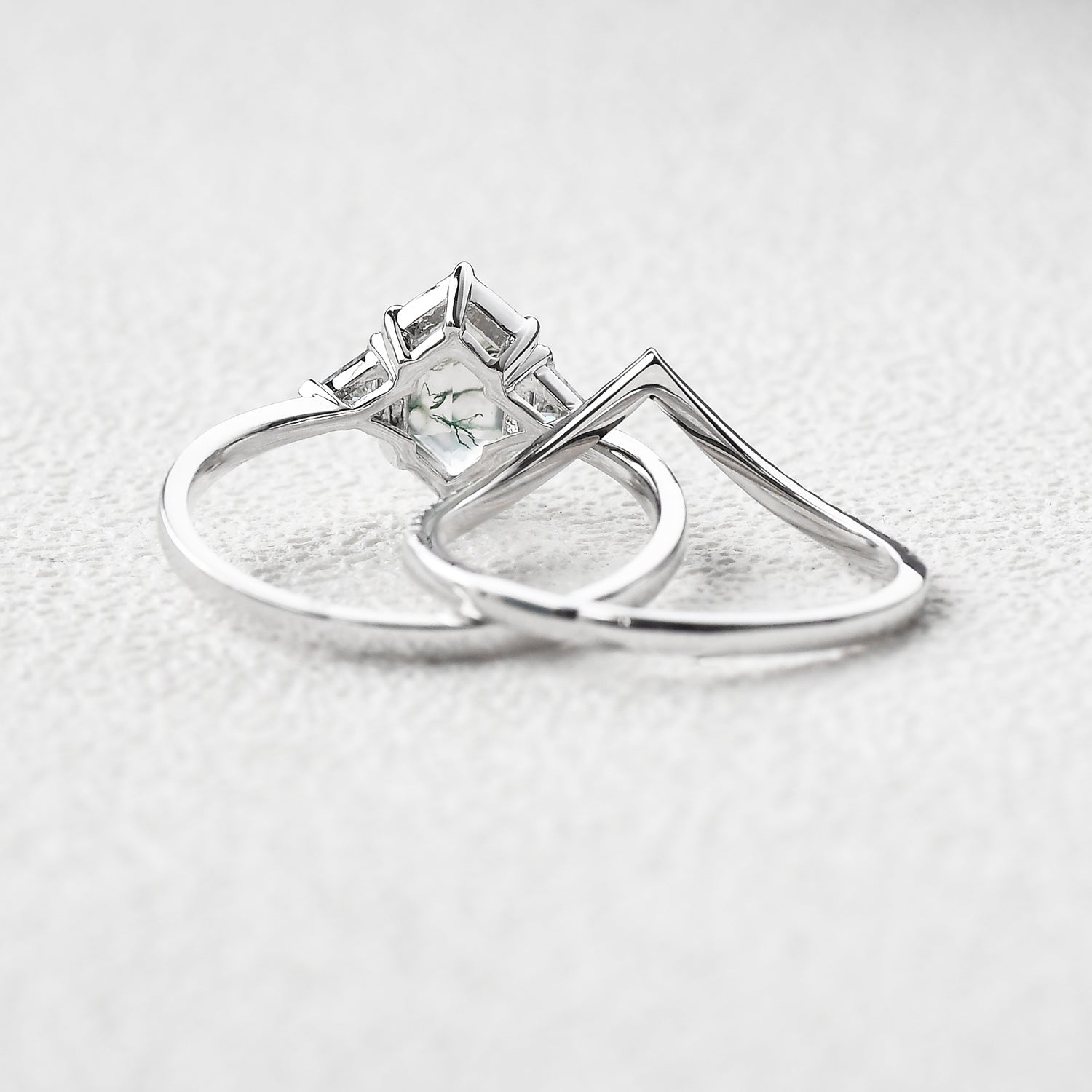 Hexagon Moss Agate Three Stone Engagement Ring Set 2pcs