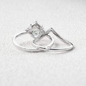 Hexagon Moss Agate Three Stone Engagement Ring Set 2pcs