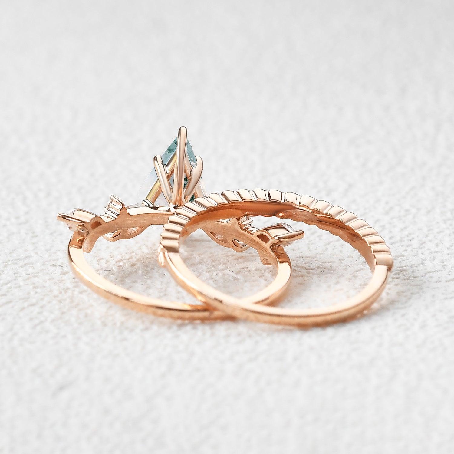 Kite Cut Moss Agate Leafy Vintage Engagement Ring Set 2pcs - Kelp