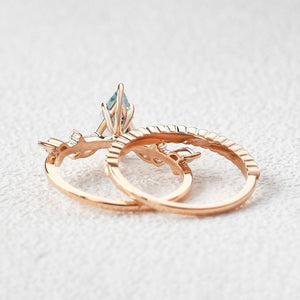Kite Cut Moss Agate Leafy Vintage Engagement Ring Set 2pcs - Kelp