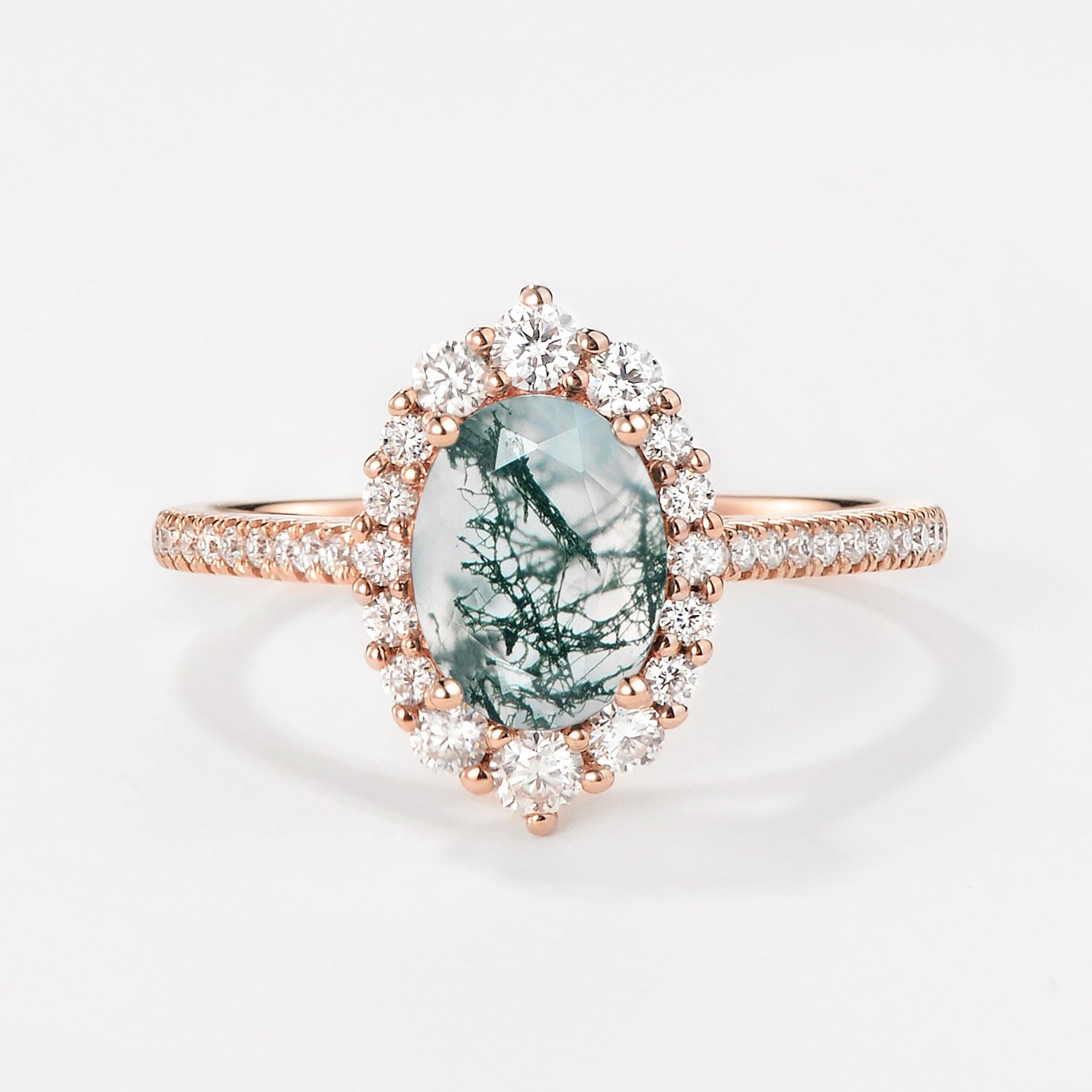 Oval Cut Halo Moss Agate Engagement Ring