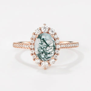 Oval Cut Halo Moss Agate Engagement Ring
