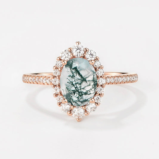 Oval Cut Halo Moss Agate Engagement Ring