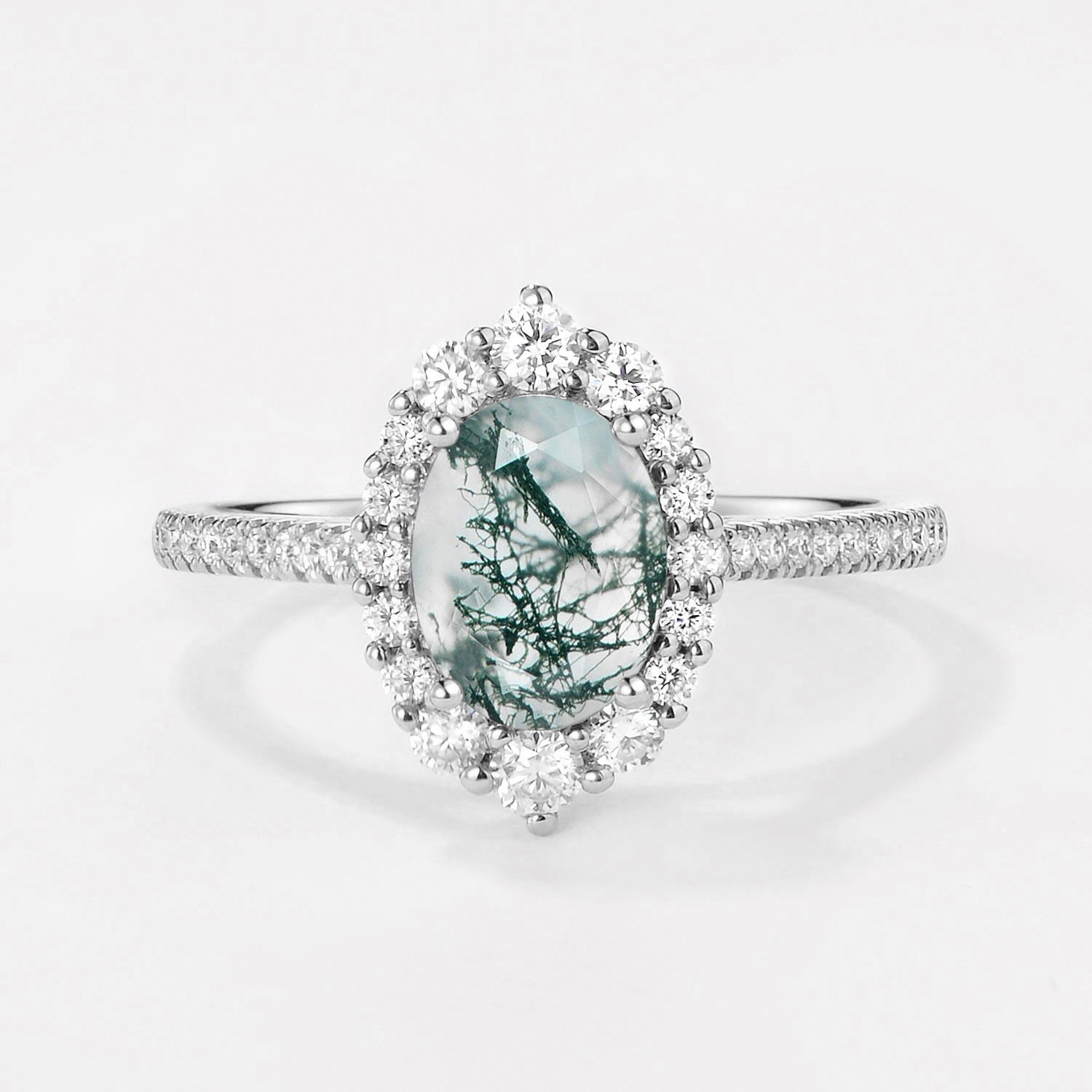 Oval Cut Halo Moss Agate Engagement Ring