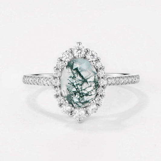 Oval Cut Halo Moss Agate Engagement Ring