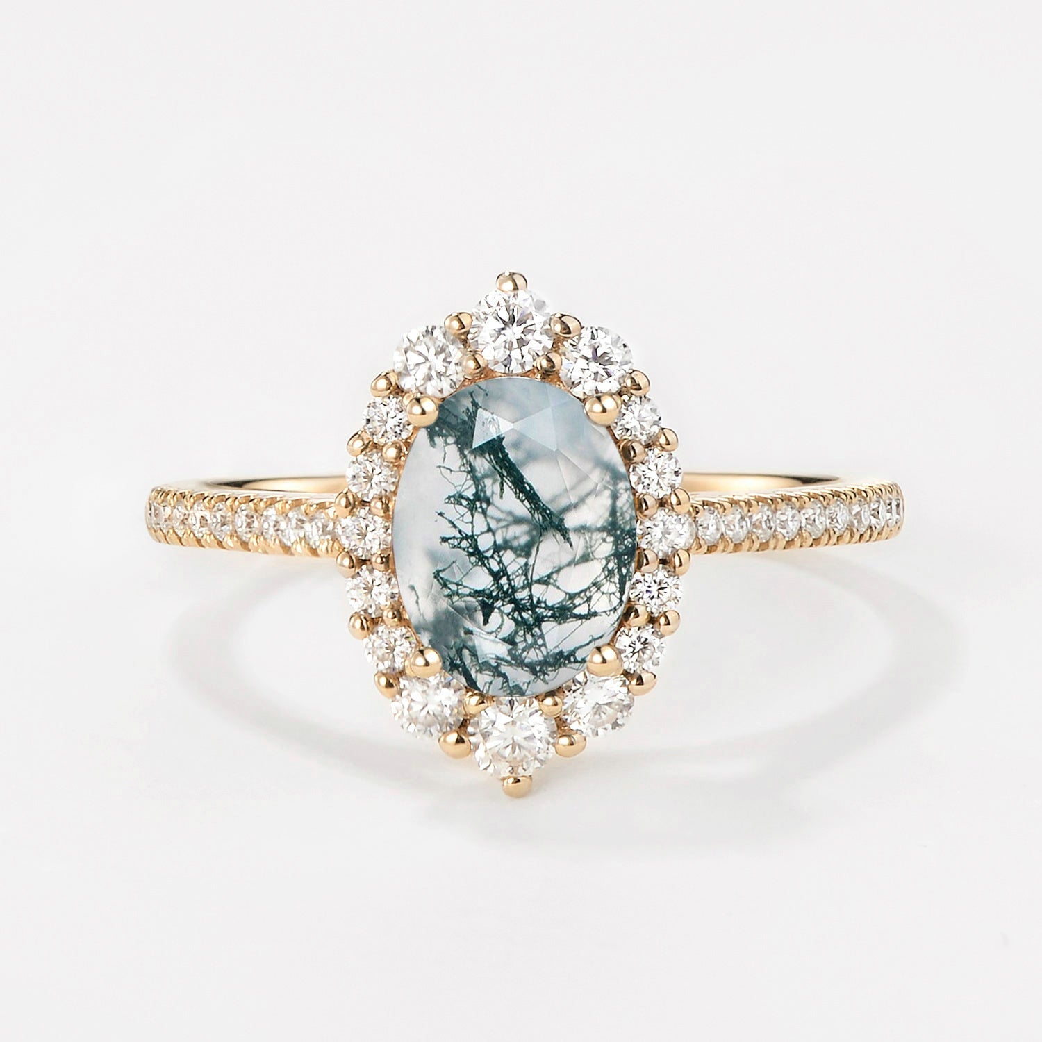 Oval Cut Halo Moss Agate Engagement Ring