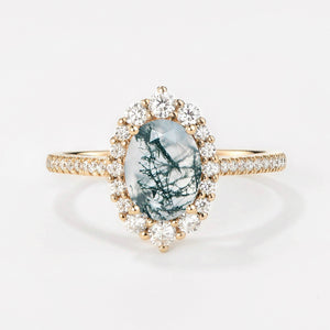 Oval Cut Halo Moss Agate Engagement Ring
