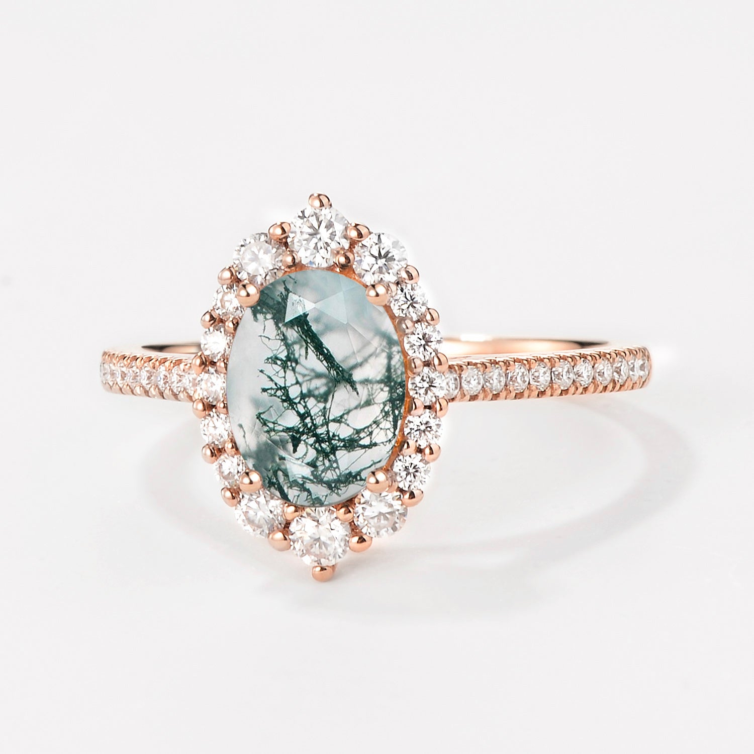 Oval Cut Halo Moss Agate Engagement Ring