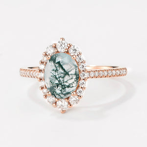 Oval Cut Halo Moss Agate Engagement Ring