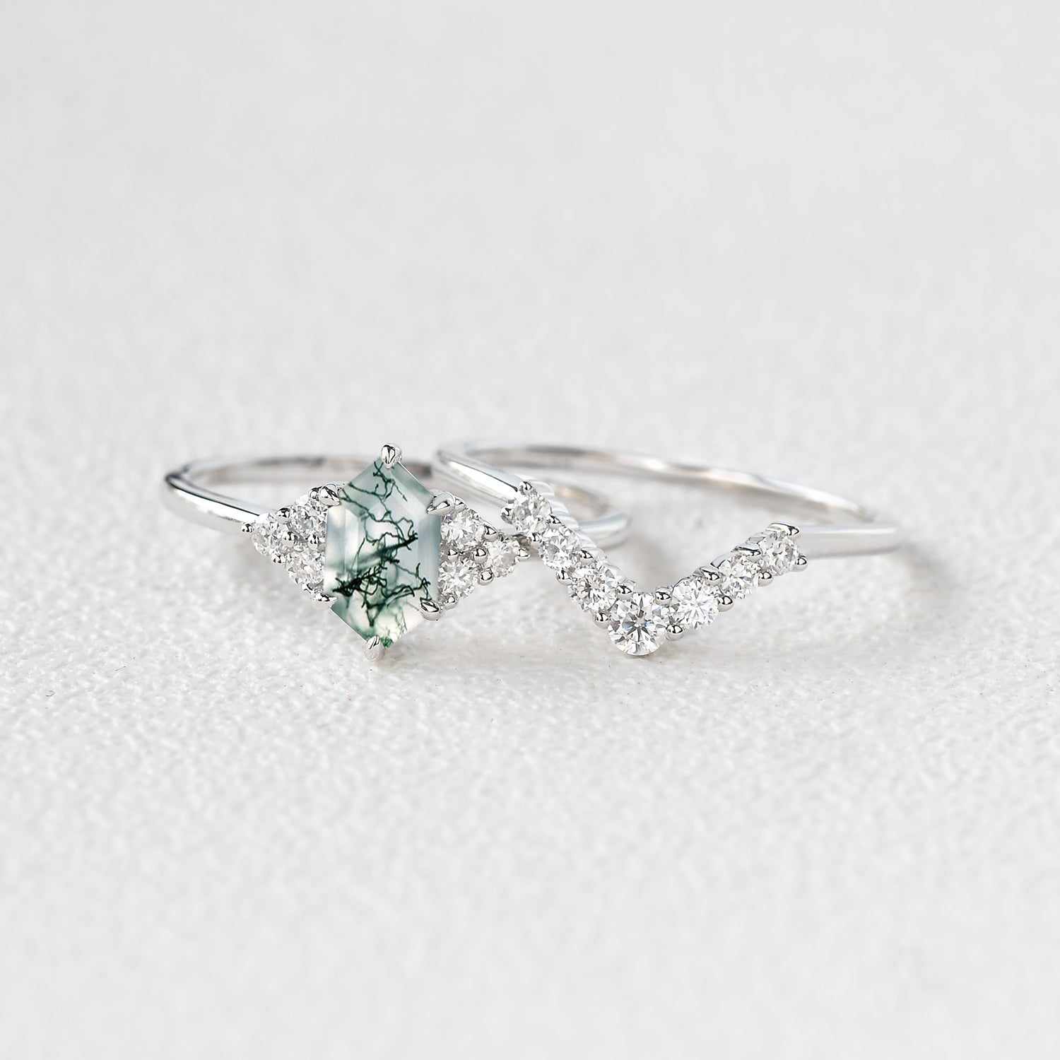 Long Hexagon Moss Agate Stacking Ring Set 2pcs