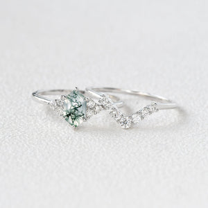 Long Hexagon Moss Agate Stacking Ring Set 2pcs