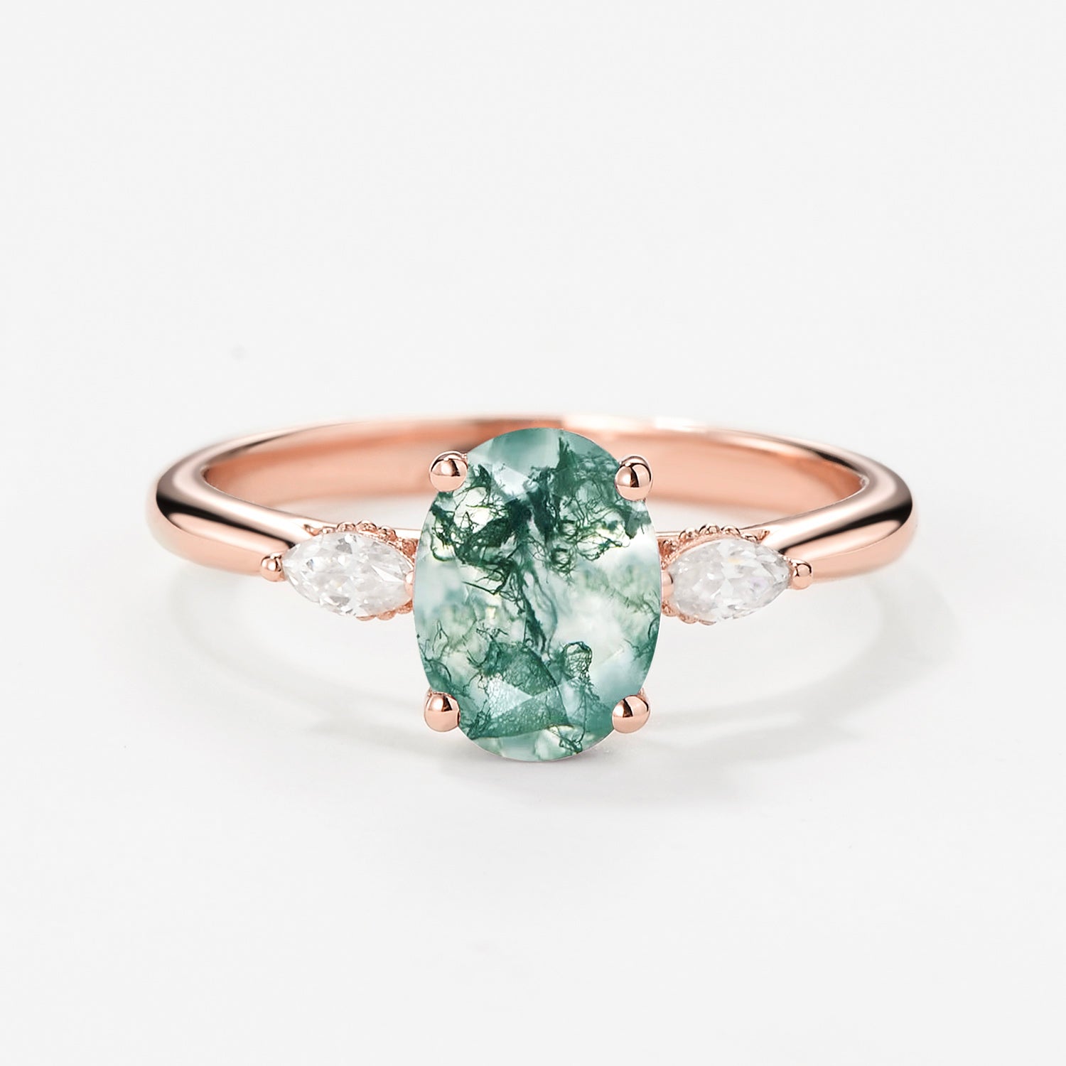 Oval Moss Agate Hidden Halo Three Stone Engagement Ring